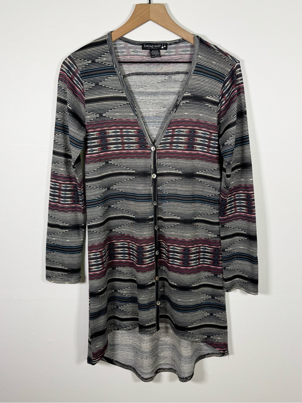 LIVING DOLL Longline Geometric Aztec Print Black Button Front Cardigan Sz M